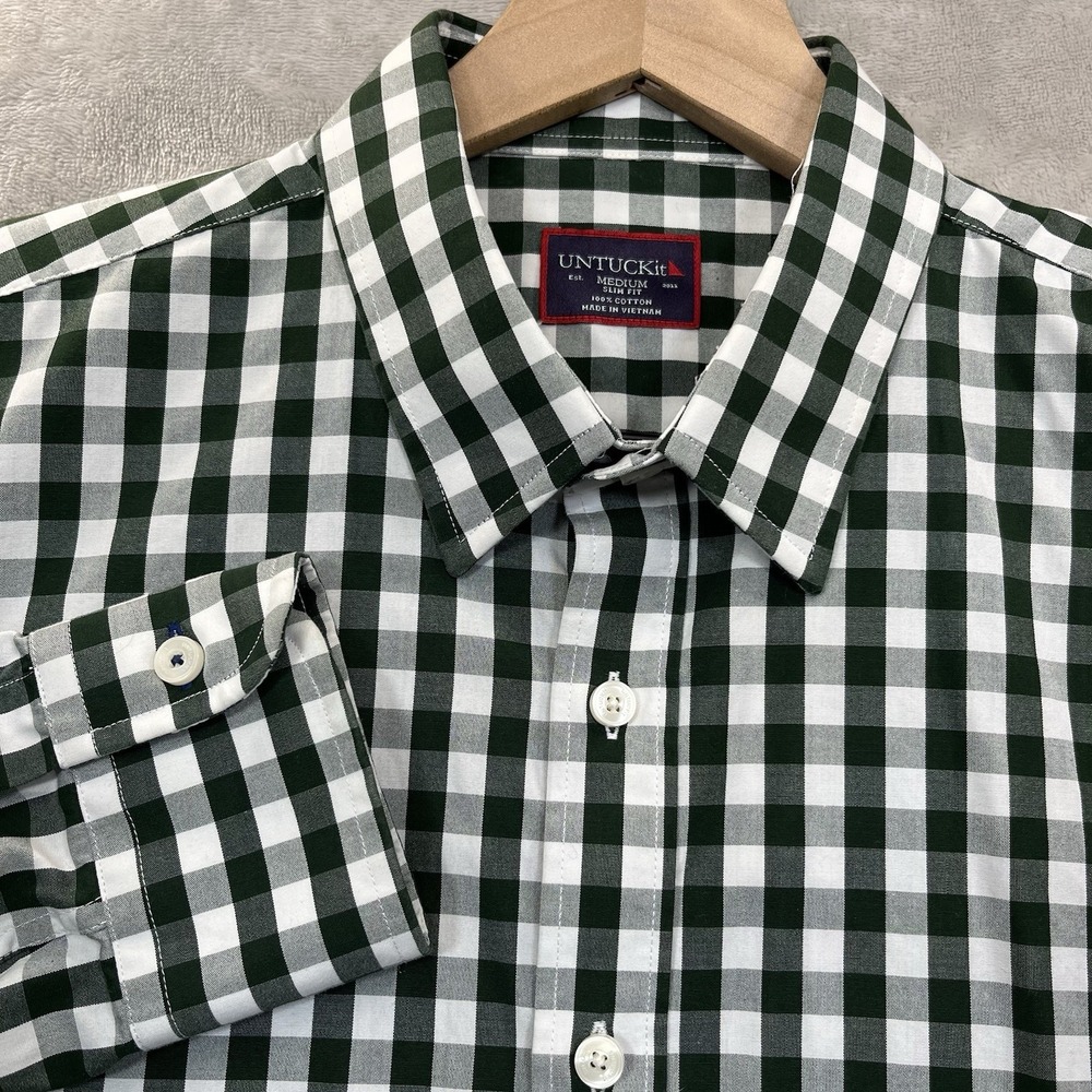 UNTUCKit Mens Medium Long Sleeve Button Down Shirt Slim Fit Green Gingham Check